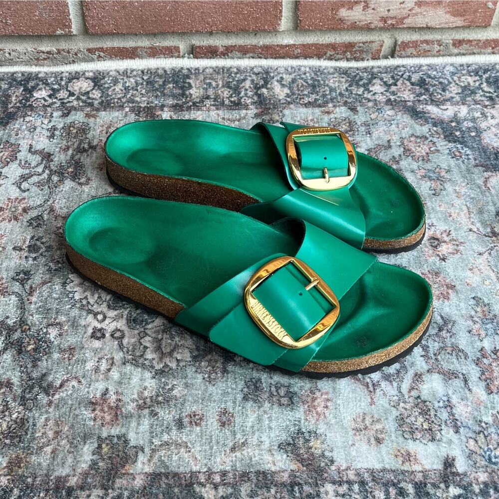 Birkenstock Madrid Green Leather Slide Sandals / Women's 40 / Big Buckle Gold - Picture 4 of 10